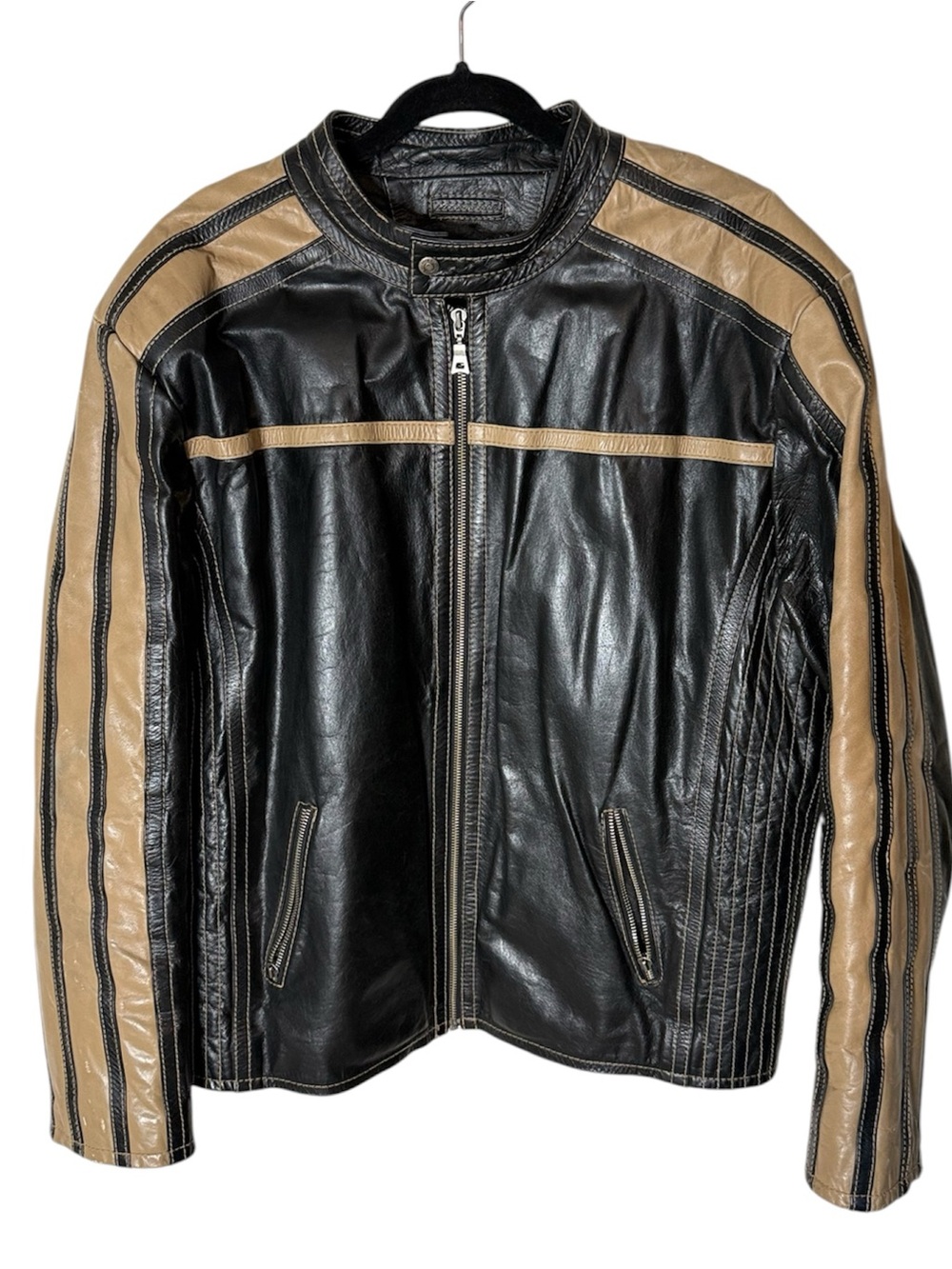 HORST Men’s Leather Moto Biker Bomber Jacket Black Tan Zipper Size XL *FLAWS*